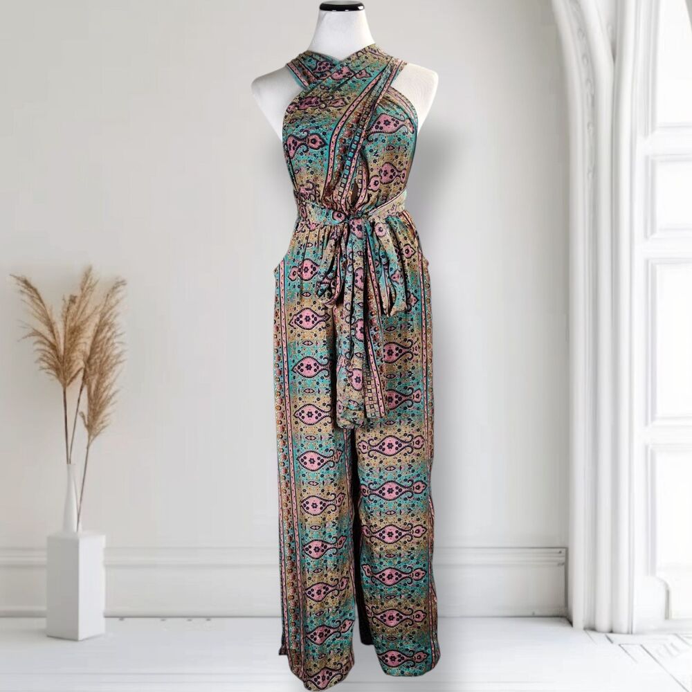 Karma Highway Multi Way Halter Wide Leg Jumpsuit OS  Boho Paisley Viscose
